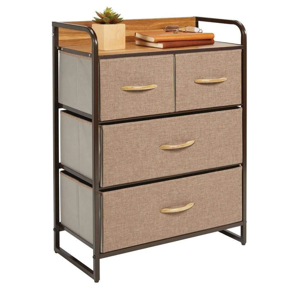 mDesign Dresser Storage Chest - Sturdy Metal Frame, Wood Top, Easy Pull Fabric Bins - Organizer Unit for Bedroom, Hallway, Entryway, Closet - Textured Print, 4 Drawers - Coffee/Espresso Brown