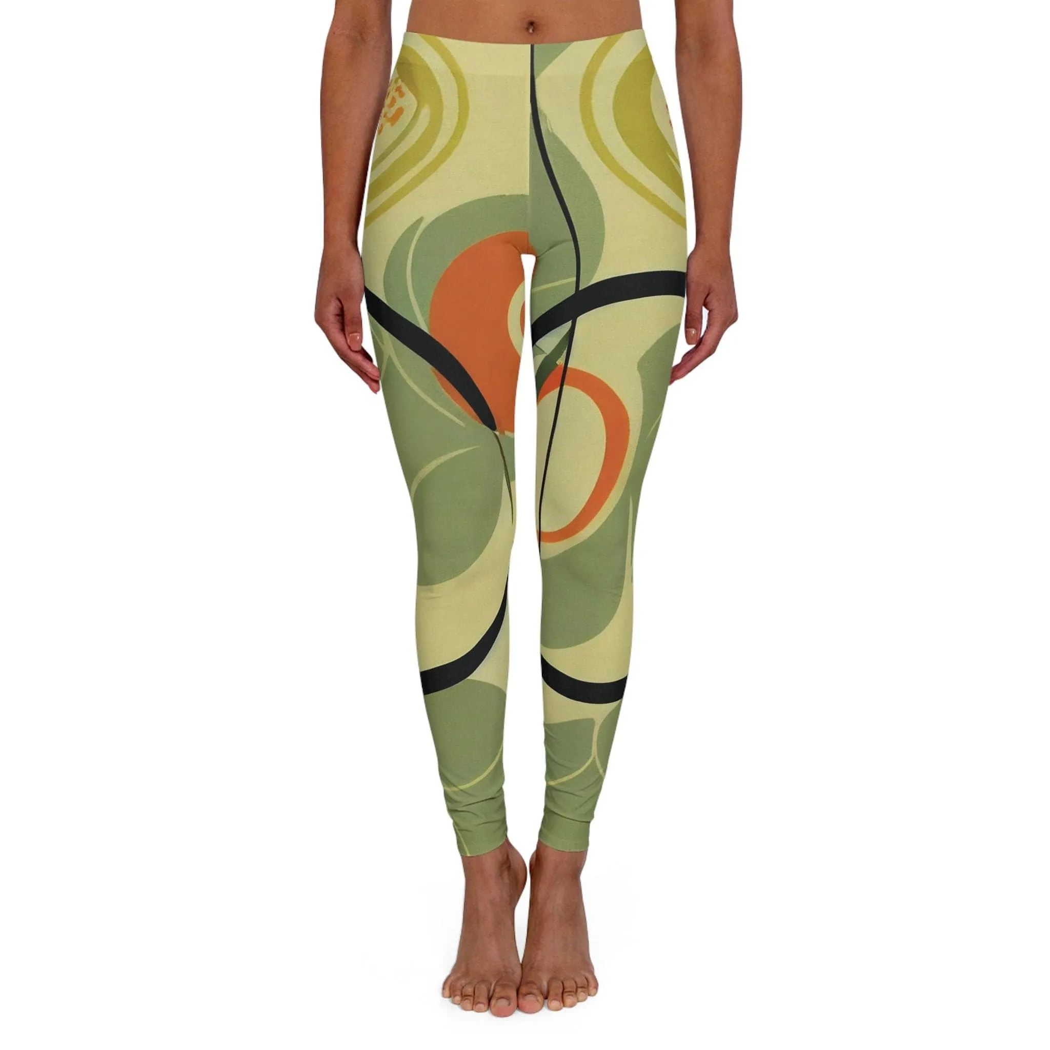 Mid Mod Groovy Hippie Retro Women's Spandex Leggings, 70s Burnt Orange & Green Yoga Wear