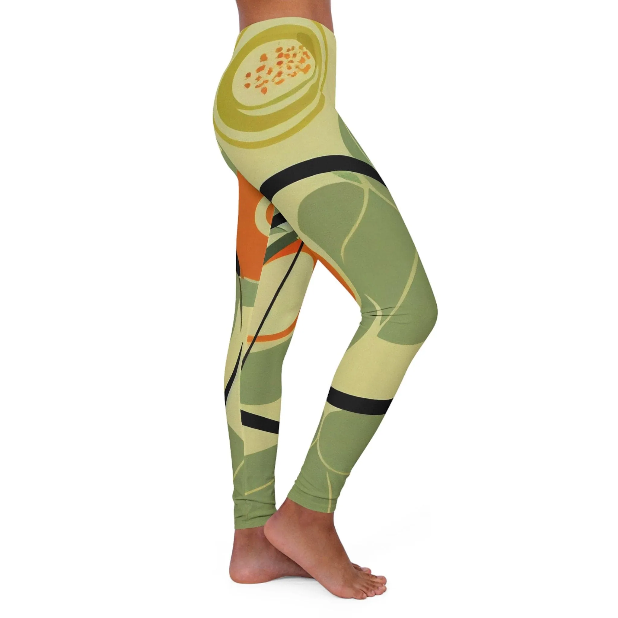 Mid Mod Groovy Hippie Retro Women's Spandex Leggings, 70s Burnt Orange & Green Yoga Wear