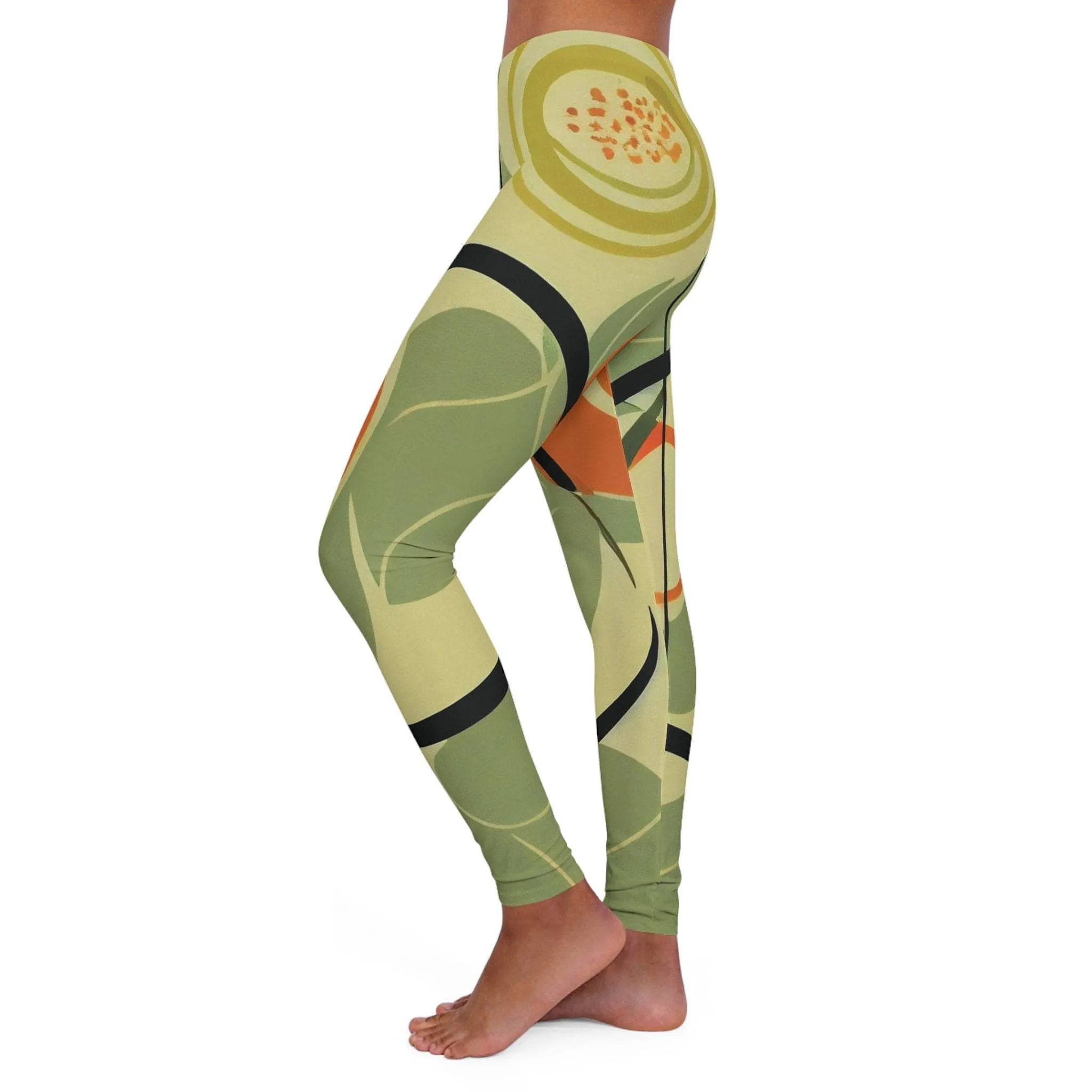 Mid Mod Groovy Hippie Retro Women's Spandex Leggings, 70s Burnt Orange & Green Yoga Wear