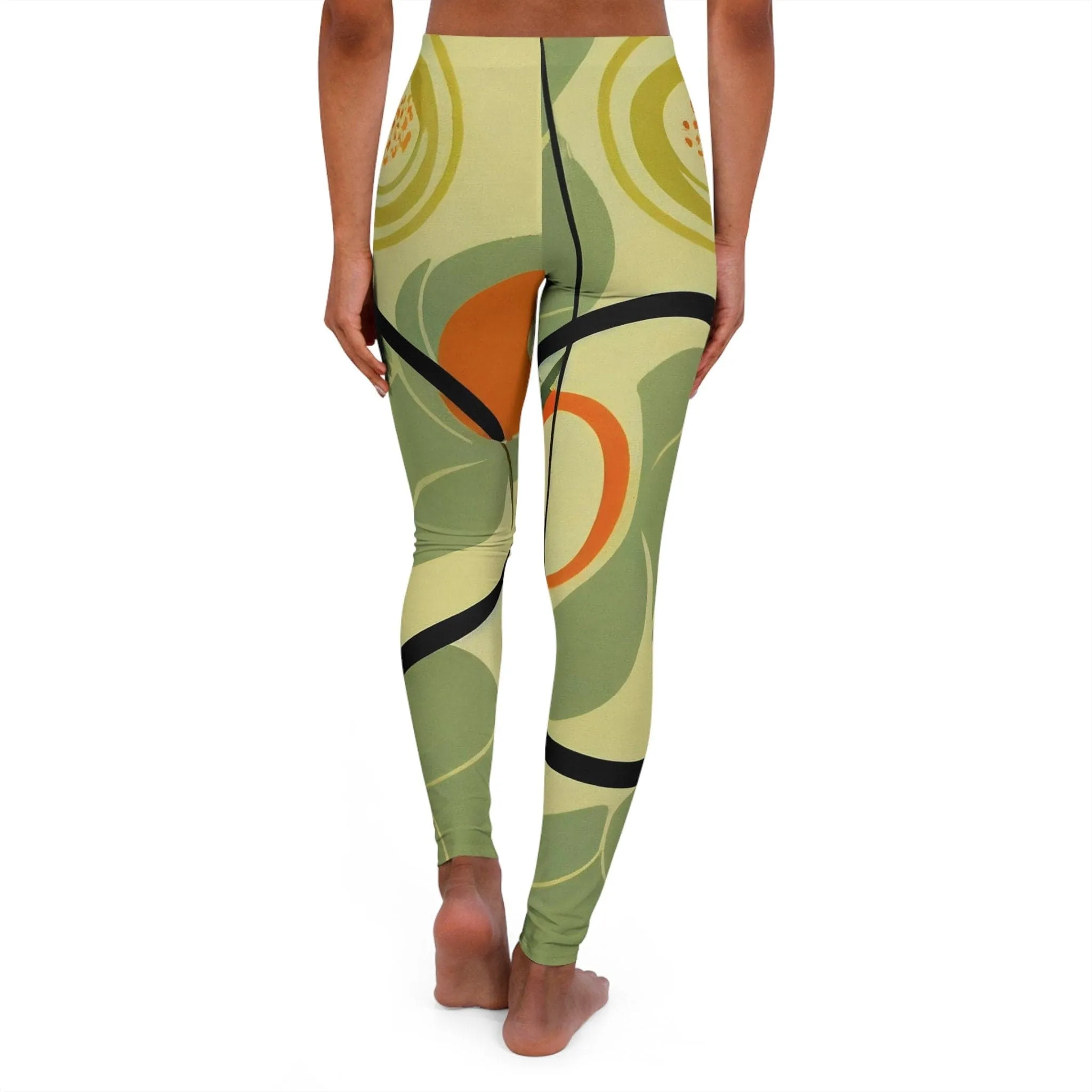 Mid Mod Groovy Hippie Retro Women's Spandex Leggings, 70s Burnt Orange & Green Yoga Wear