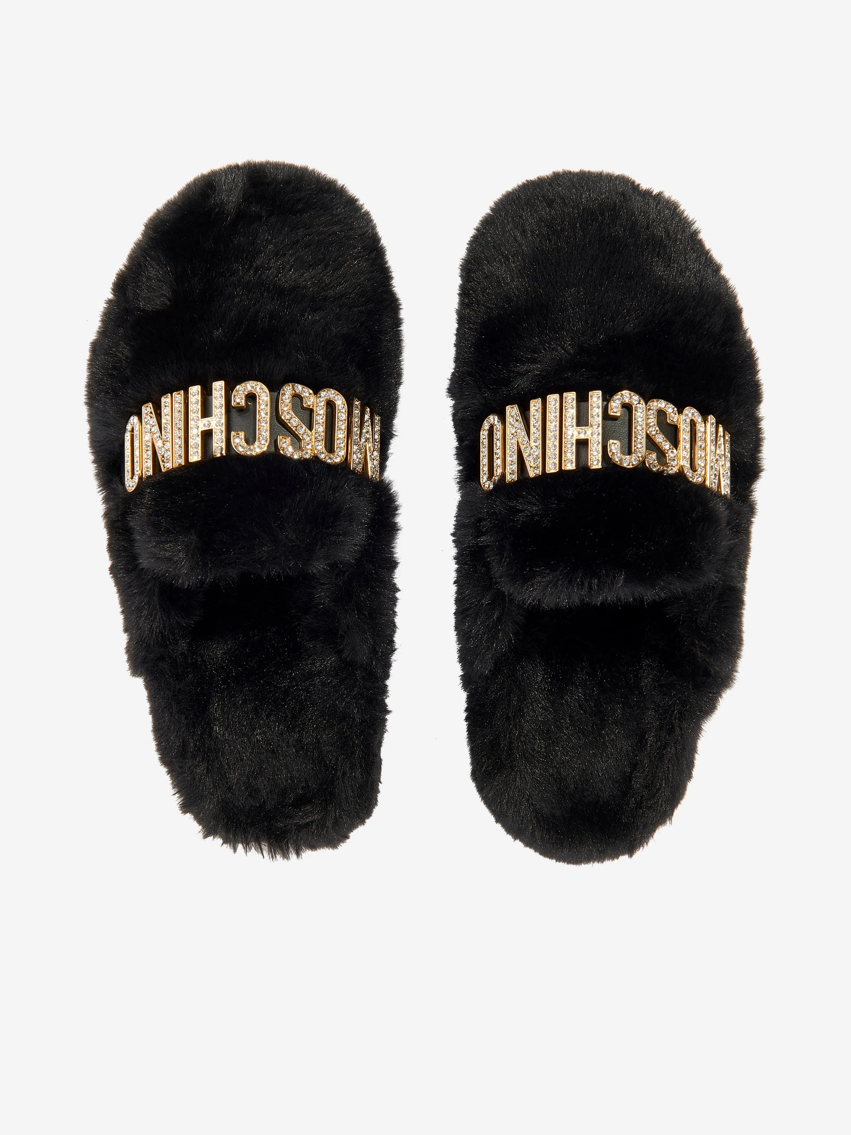 Moschino Girls Faux Fur Logo Slippers in Black