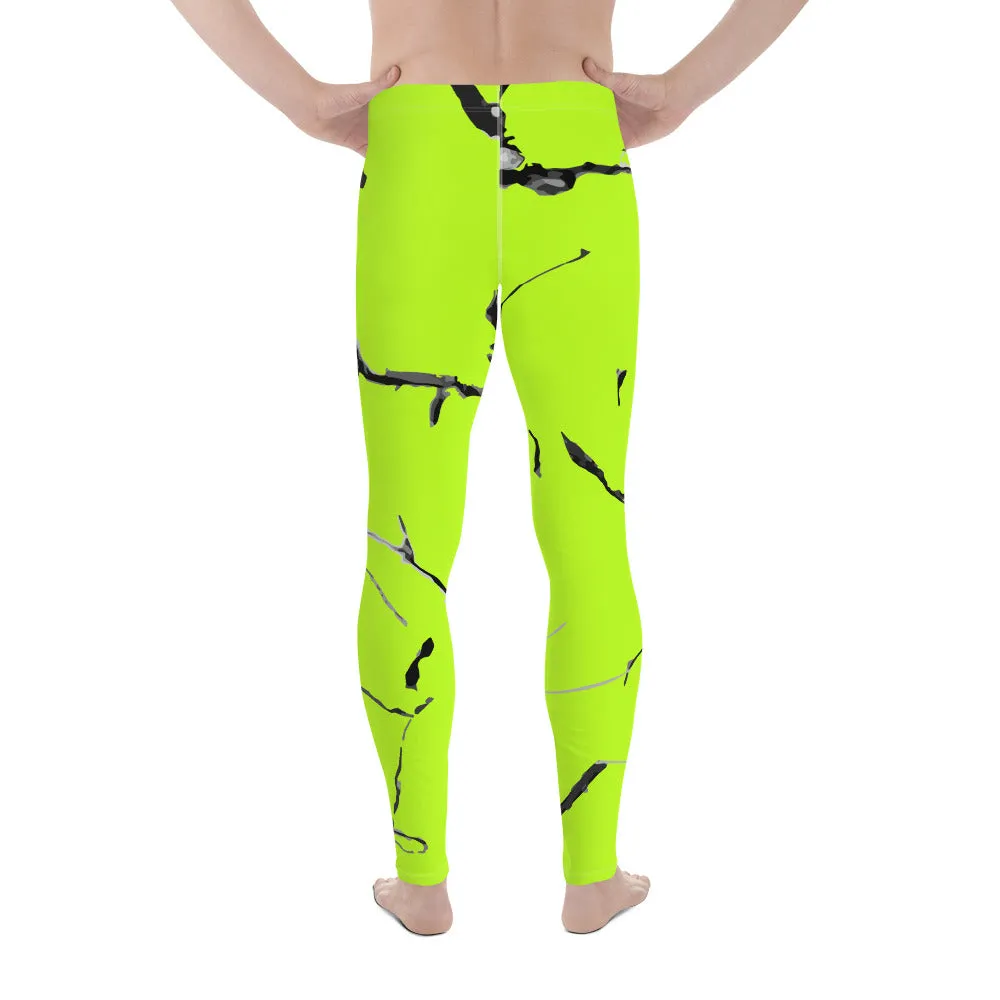 Neon Green Marble Meggings, Marble Texture Print Sexy Men's Workout Gym Tights Leggings