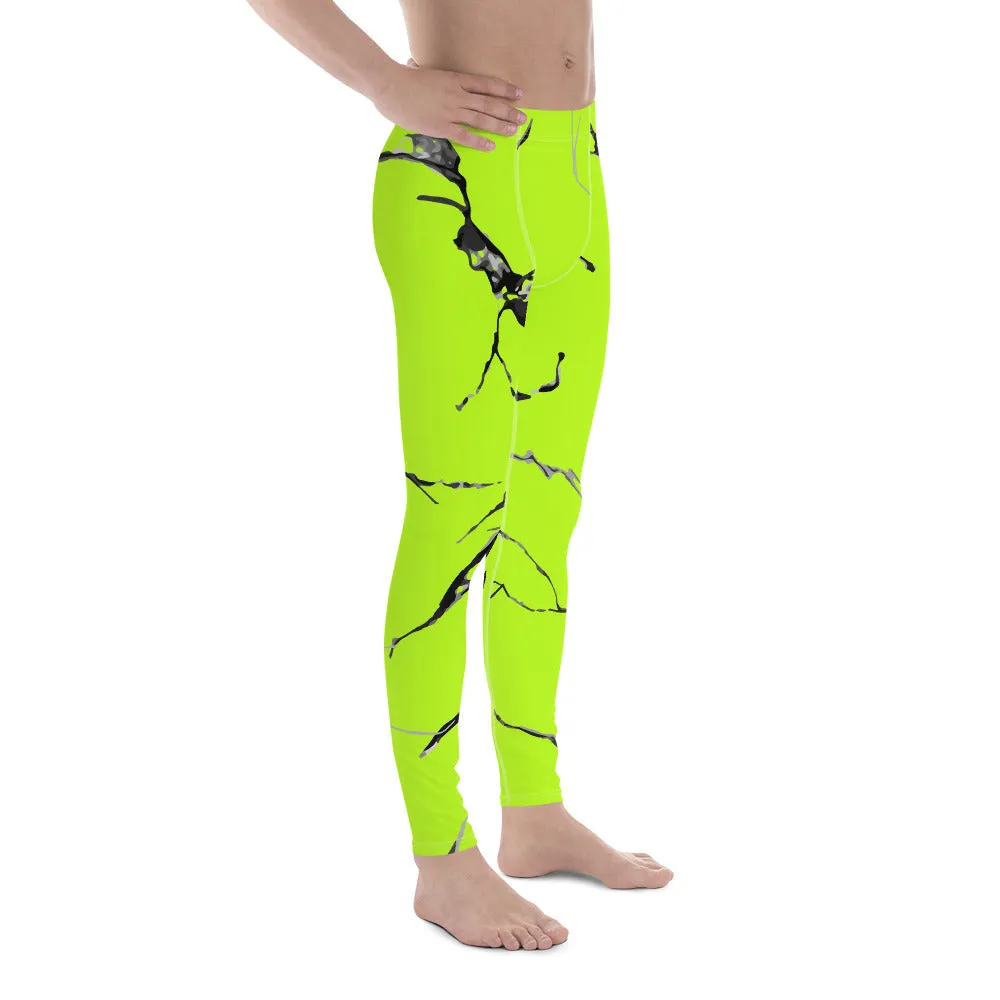 Neon Green Marble Meggings, Marble Texture Print Sexy Men's Workout Gym Tights Leggings