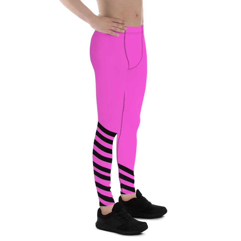 Pink Black Striped Meggings, Athletic Yoga Pants Running Leggings Men's Tights-Made in USA/EU