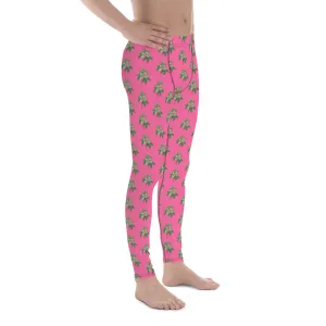 Pink Floral Men's Leggings, Flower Meggings Designer Workout Tights-Made in USA/EU/MX