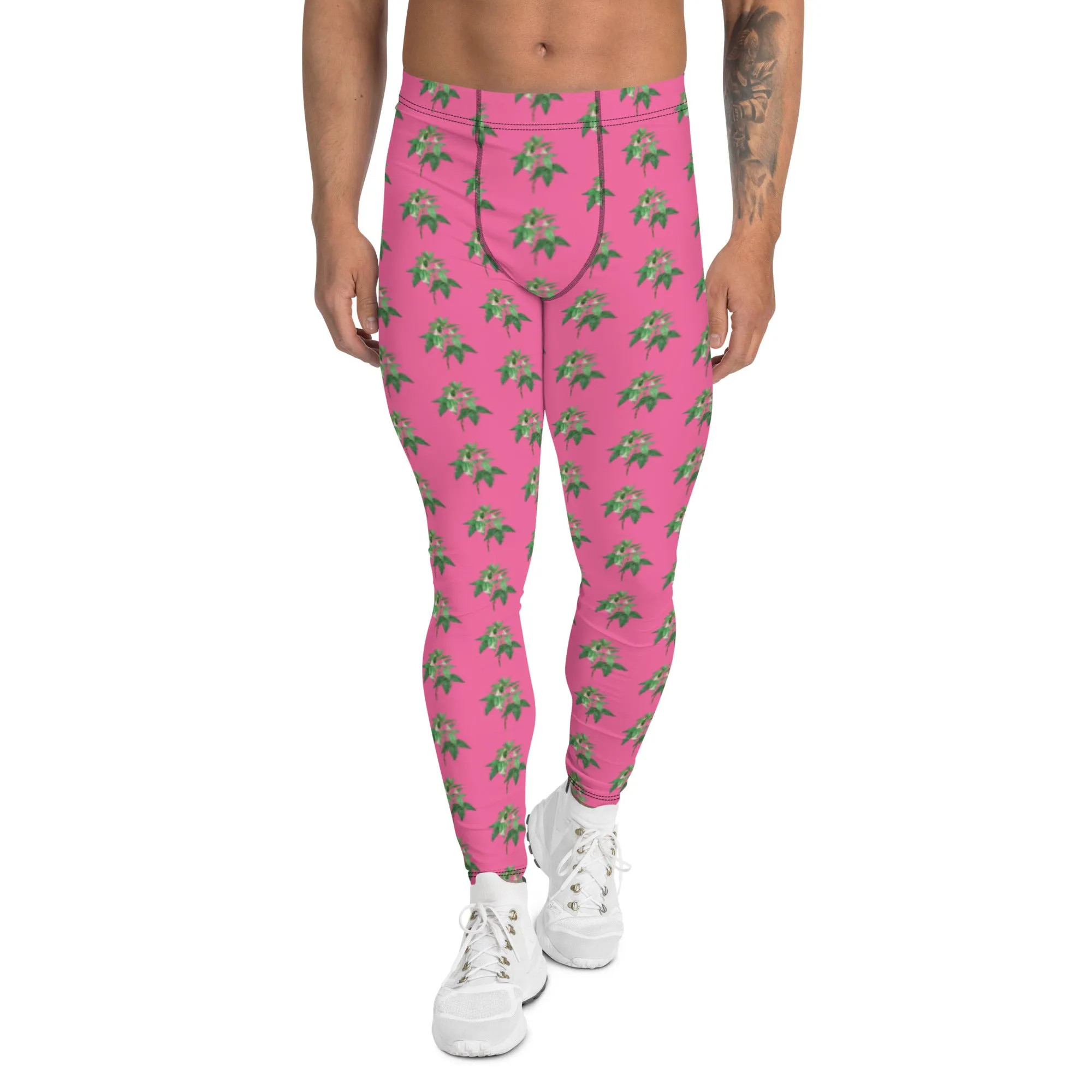 Pink Floral Men's Leggings, Flower Meggings Designer Workout Tights-Made in USA/EU/MX