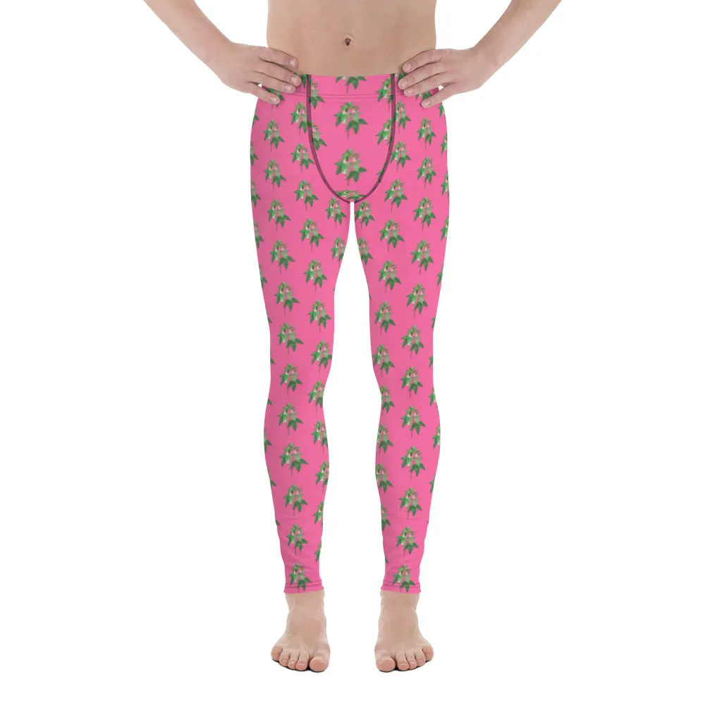 Pink Floral Men's Leggings, Flower Meggings Designer Workout Tights-Made in USA/EU/MX