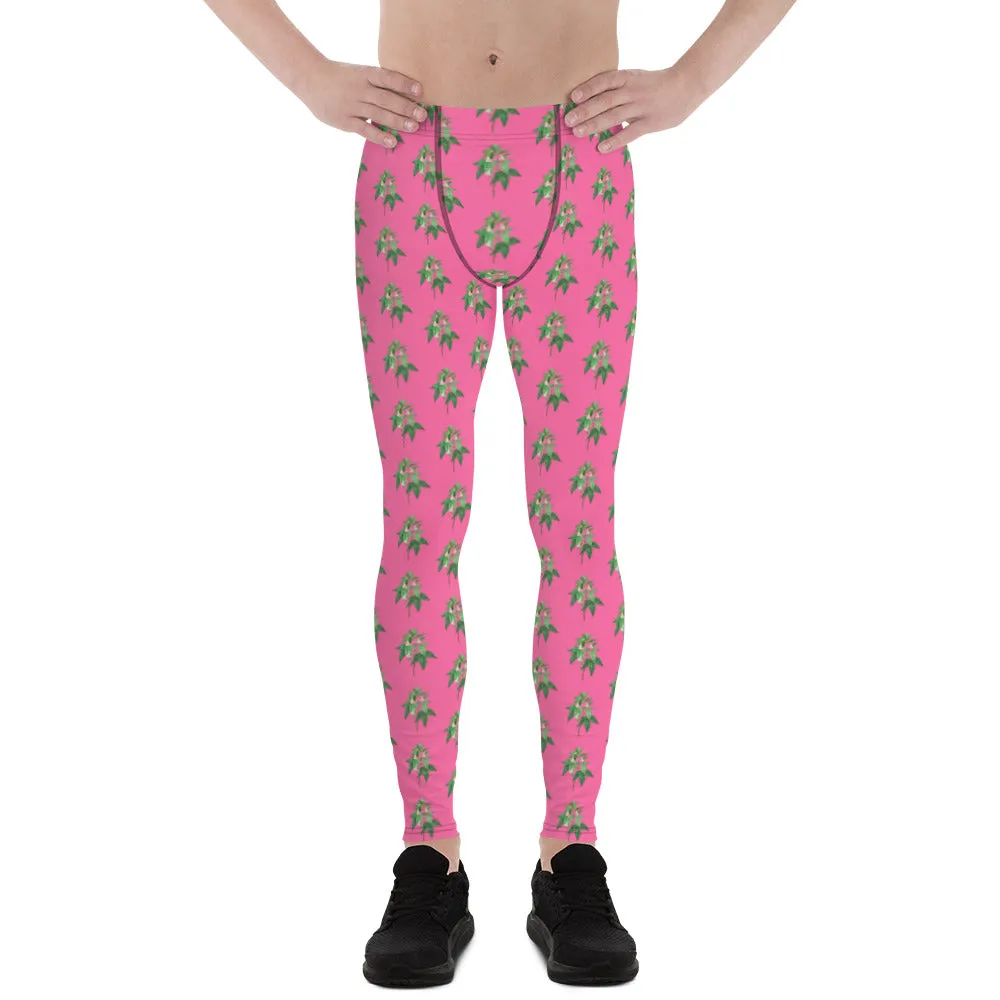 Pink Floral Men's Leggings, Flower Meggings Designer Workout Tights-Made in USA/EU/MX