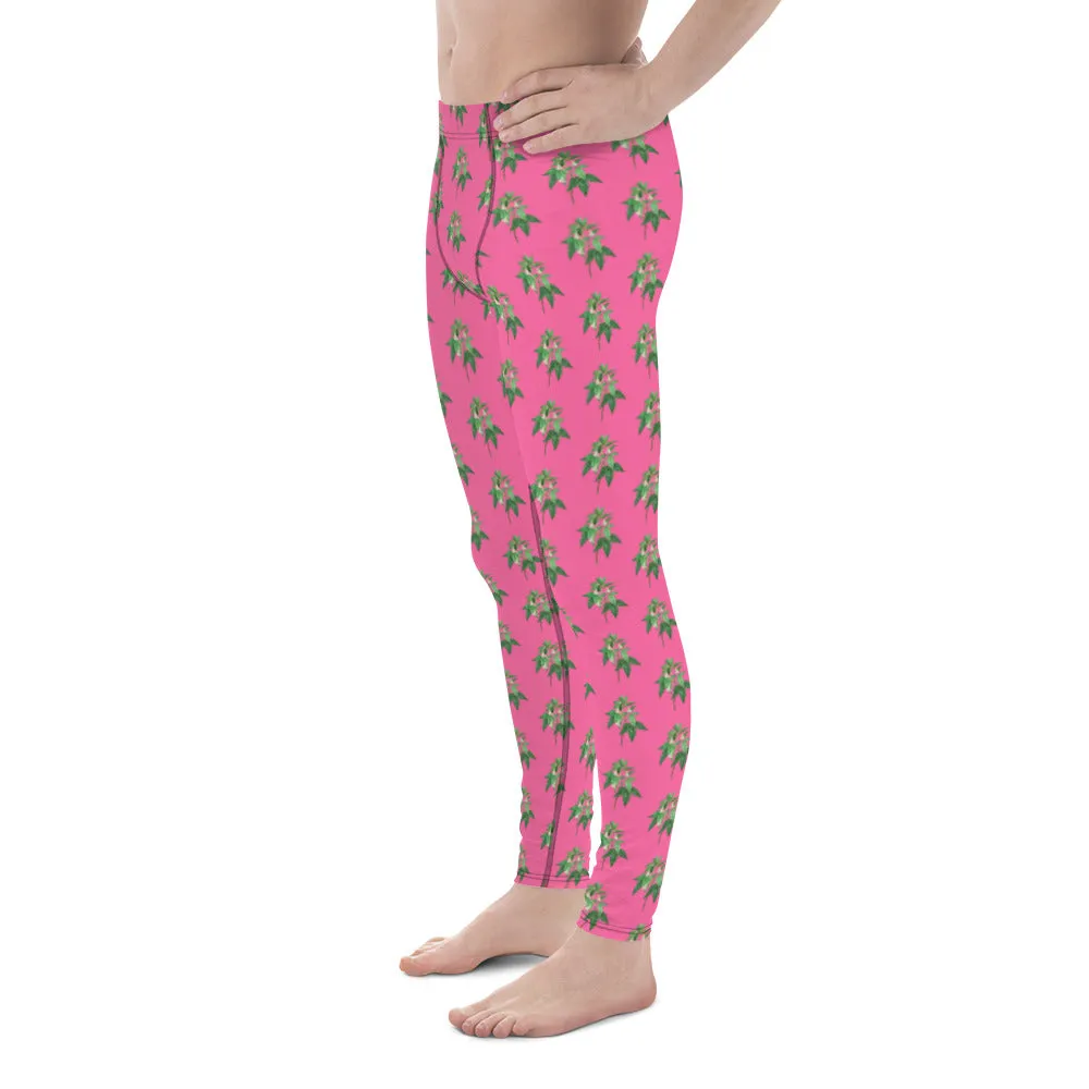 Pink Floral Men's Leggings, Flower Meggings Designer Workout Tights-Made in USA/EU/MX