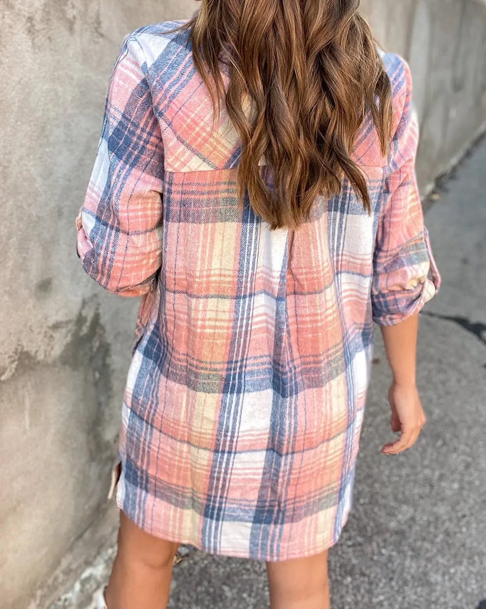 Plaid Tab Sleeve Buttoned Dress