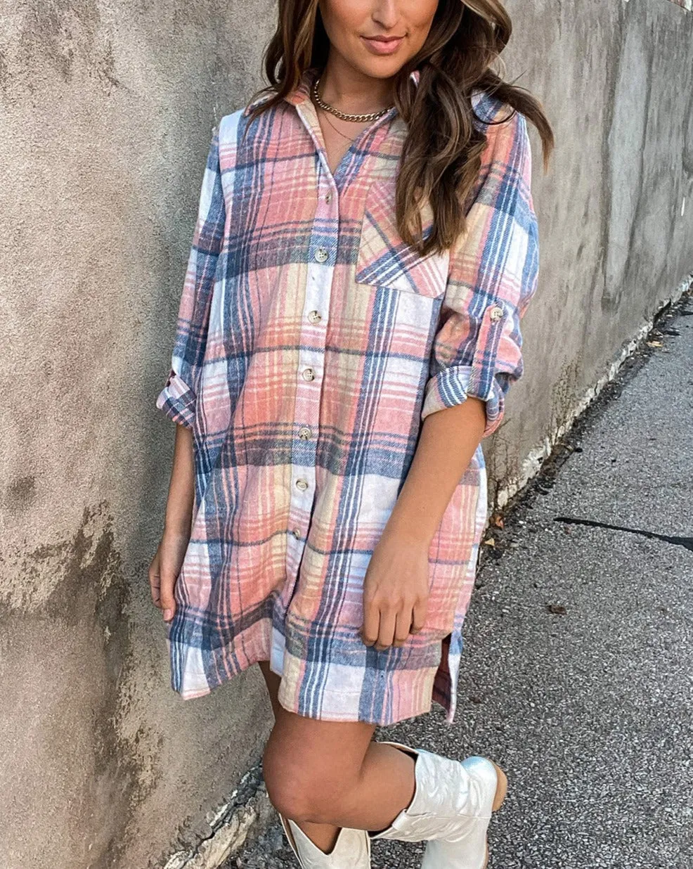 Plaid Tab Sleeve Buttoned Dress