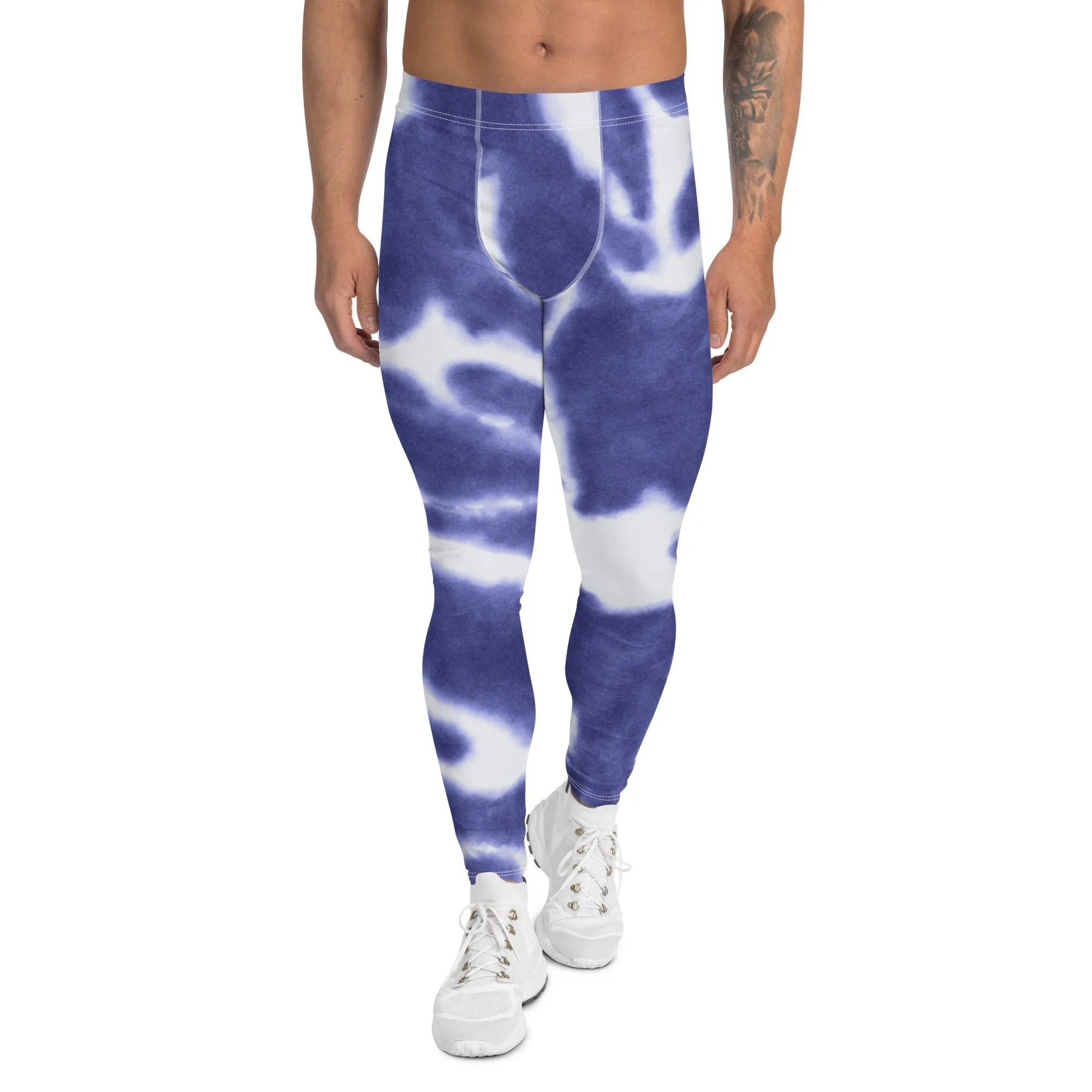 Purple Blue Tie Dye Meggings, Best Abstract Men's Tie Dye Leggings For Workout-Made in USA/EU/MX