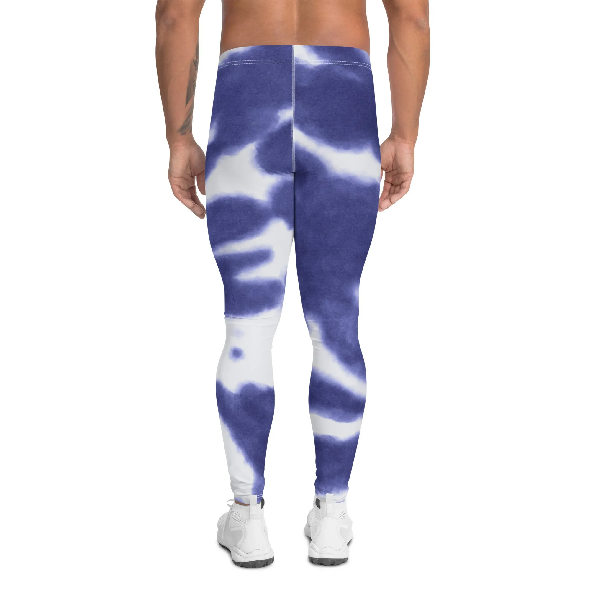 Purple Blue Tie Dye Meggings, Best Abstract Men's Tie Dye Leggings For Workout-Made in USA/EU/MX