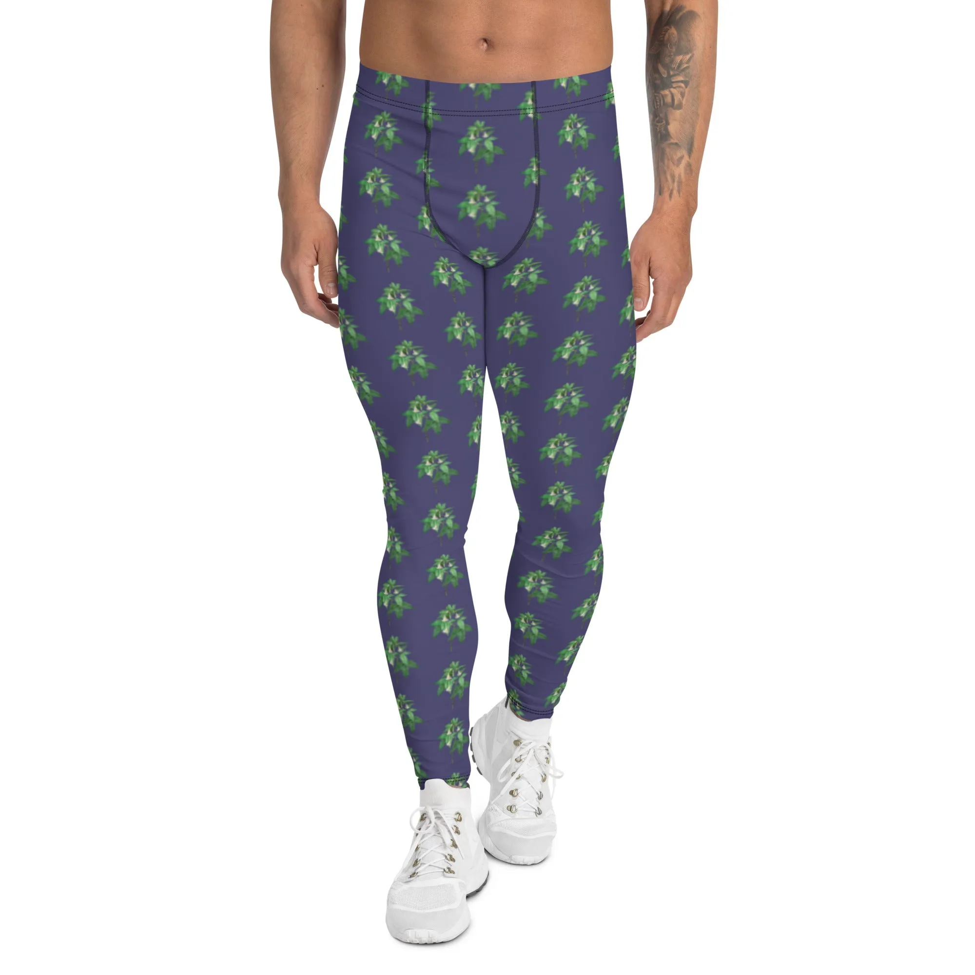 Purple Floral Men's Leggings, Flower Meggings Designer Workout Tights-Made in USA/EU/MX