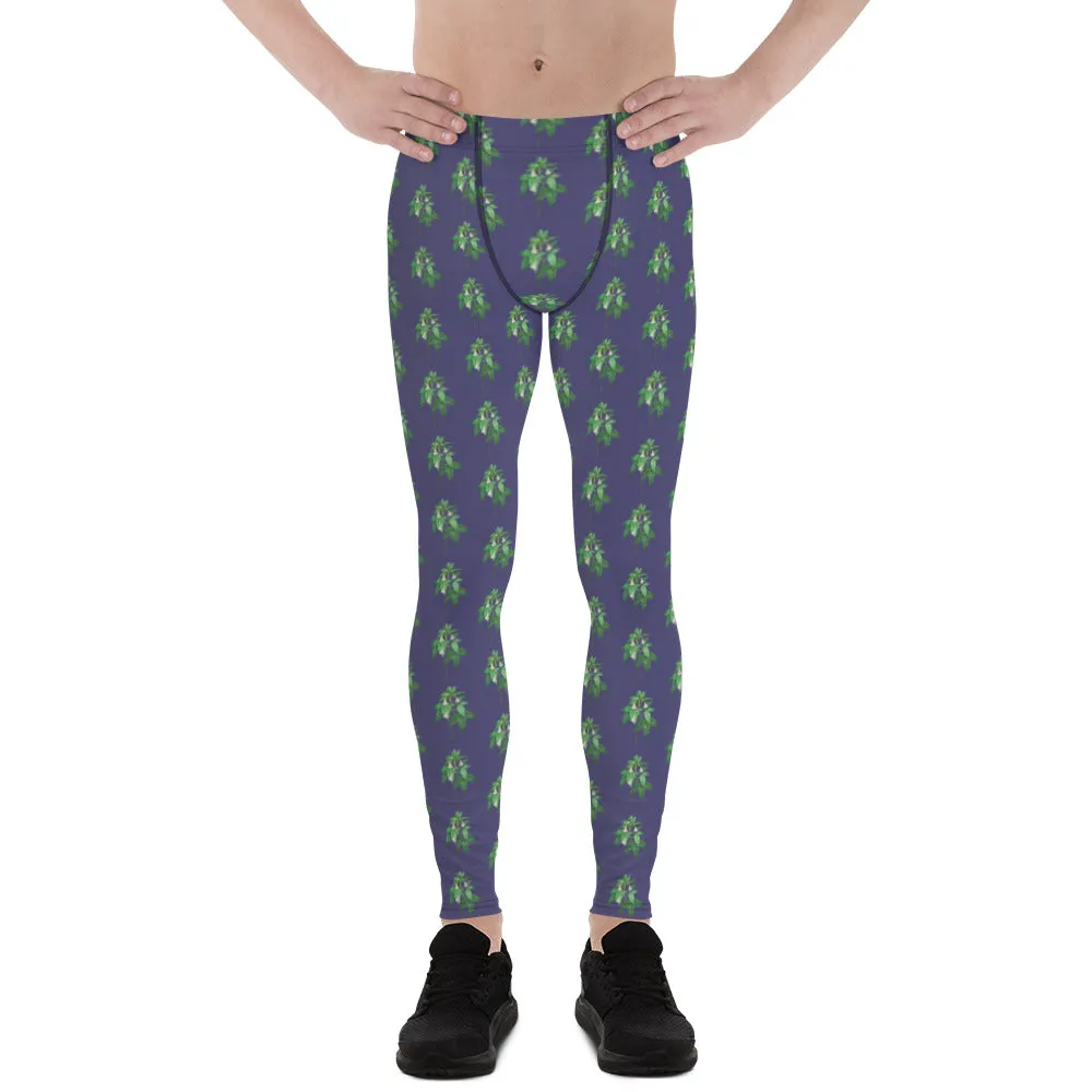 Purple Floral Men's Leggings, Flower Meggings Designer Workout Tights-Made in USA/EU/MX