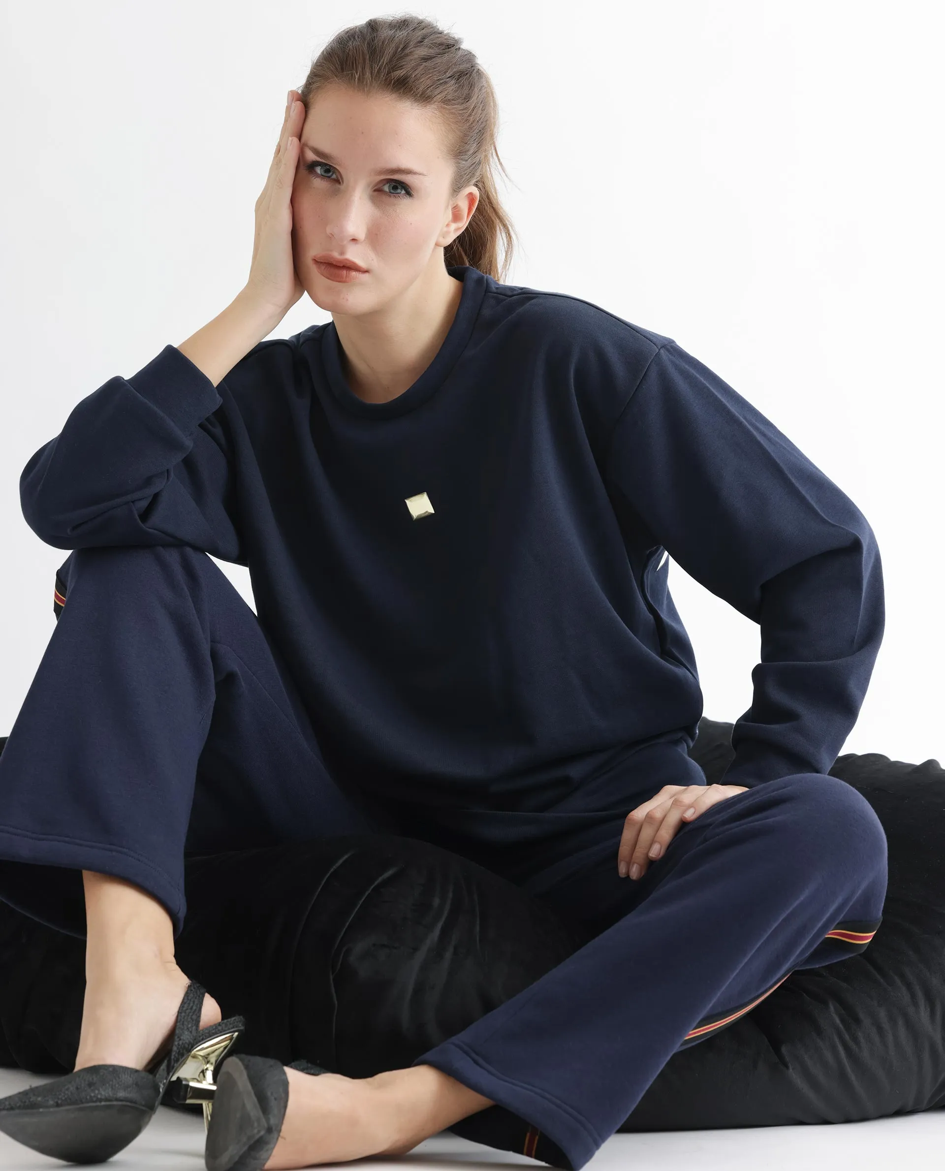 Rareism Articale Women Aimee Navy Poly Cotton Fabric Full Sleeves Crew Neck Boxy Fit Plain Sweatshirt