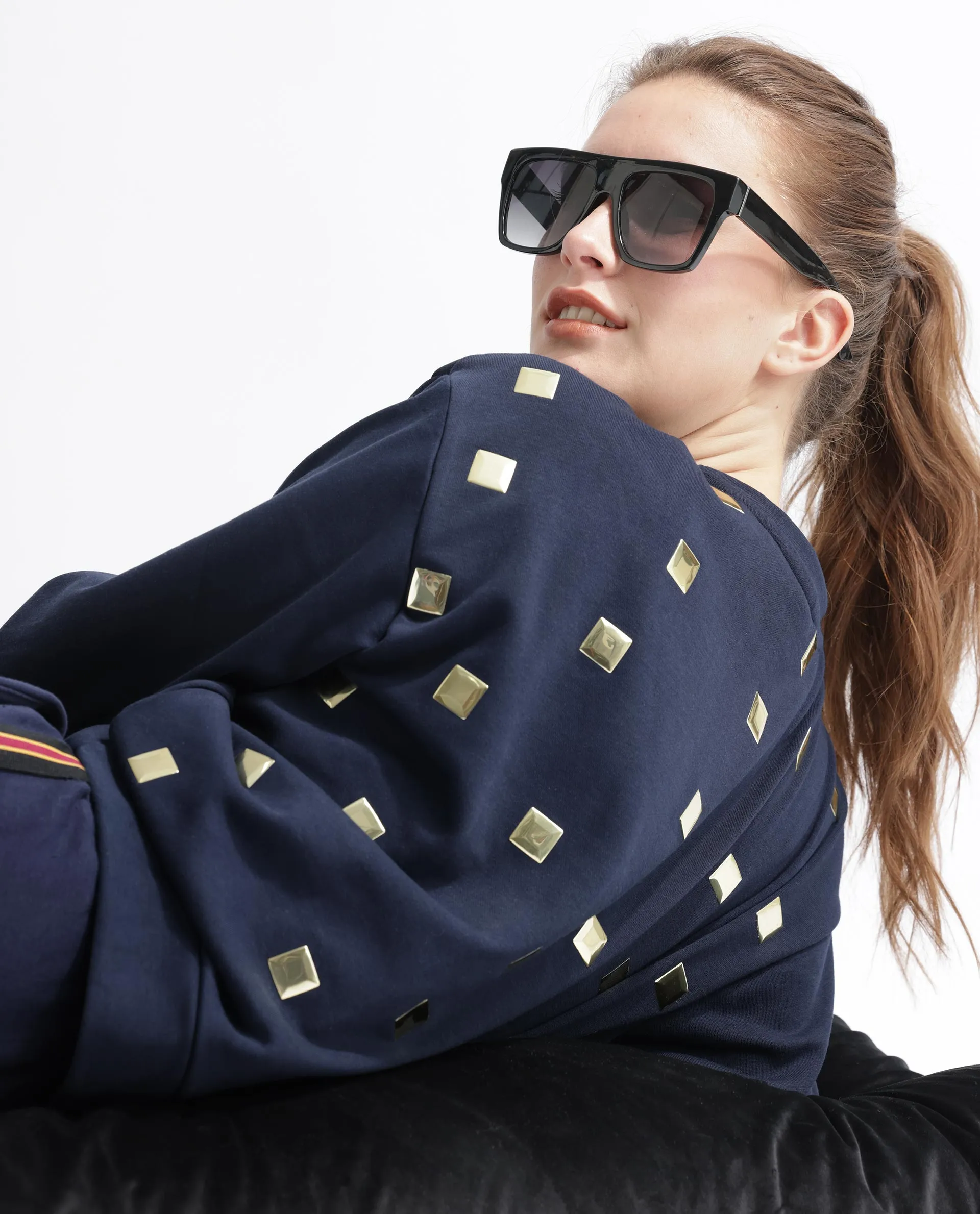 Rareism Articale Women Aimee Navy Poly Cotton Fabric Full Sleeves Crew Neck Boxy Fit Plain Sweatshirt