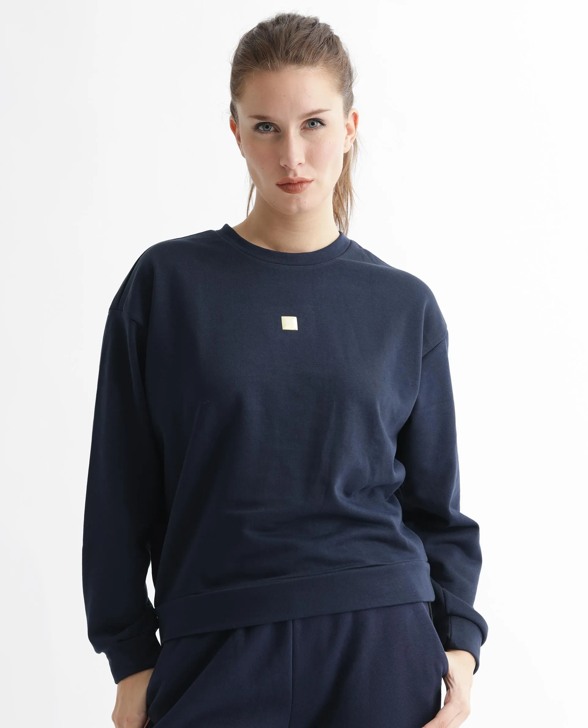 Rareism Articale Women Aimee Navy Poly Cotton Fabric Full Sleeves Crew Neck Boxy Fit Plain Sweatshirt