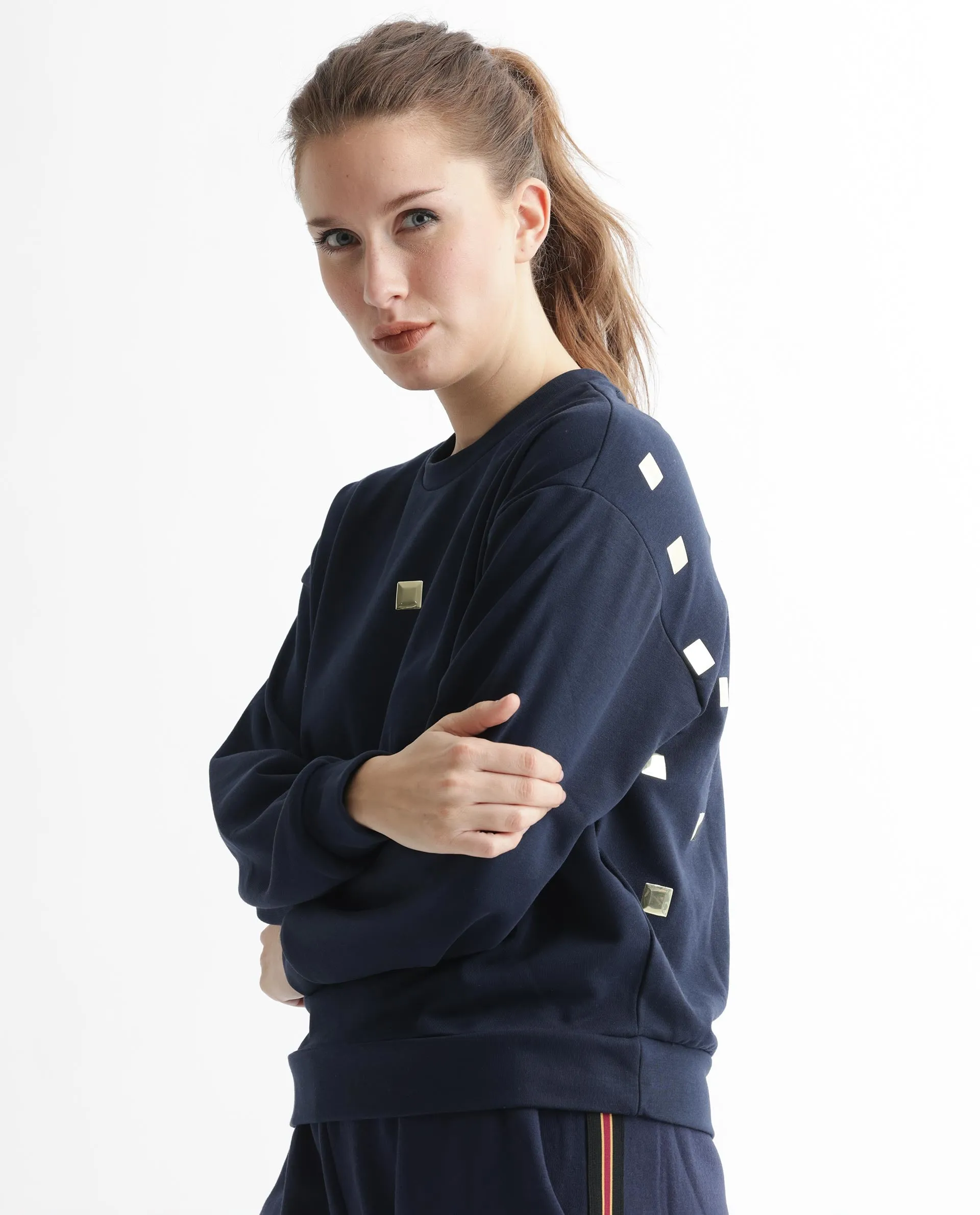 Rareism Articale Women Aimee Navy Poly Cotton Fabric Full Sleeves Crew Neck Boxy Fit Plain Sweatshirt