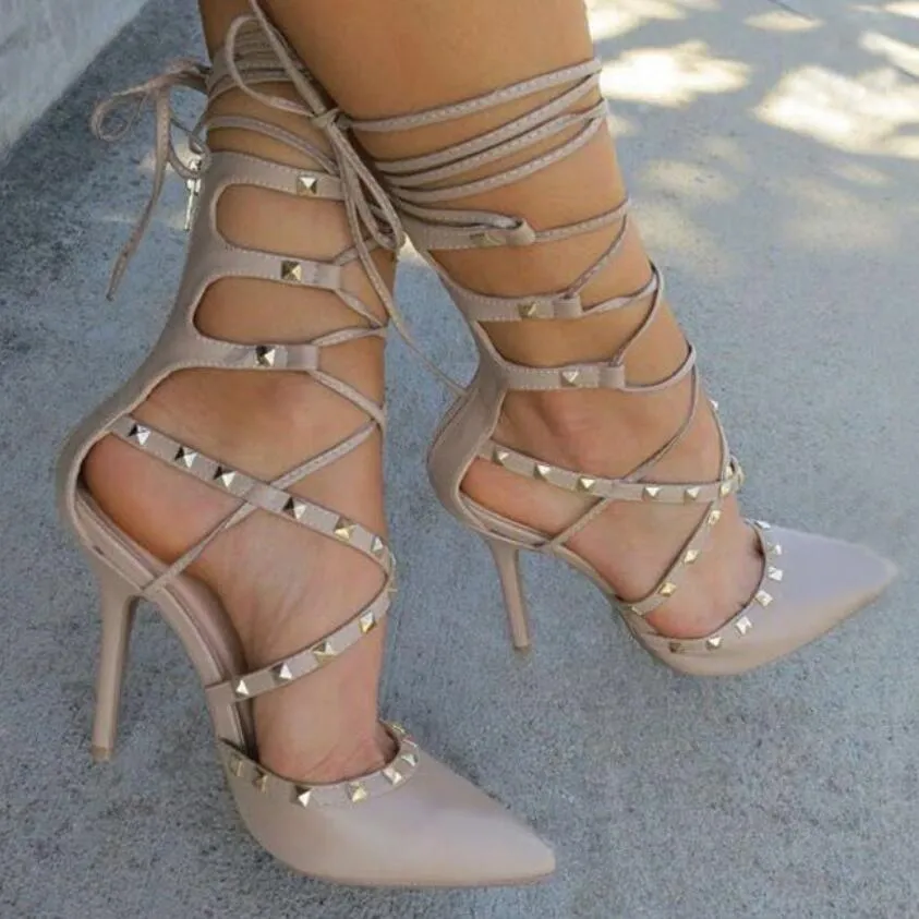 Roman Sandals Women Pumps New Style Booties Ladies Sexy Hollow Cross Lace Up Rivets Stiletto High Heels Shoes Woman