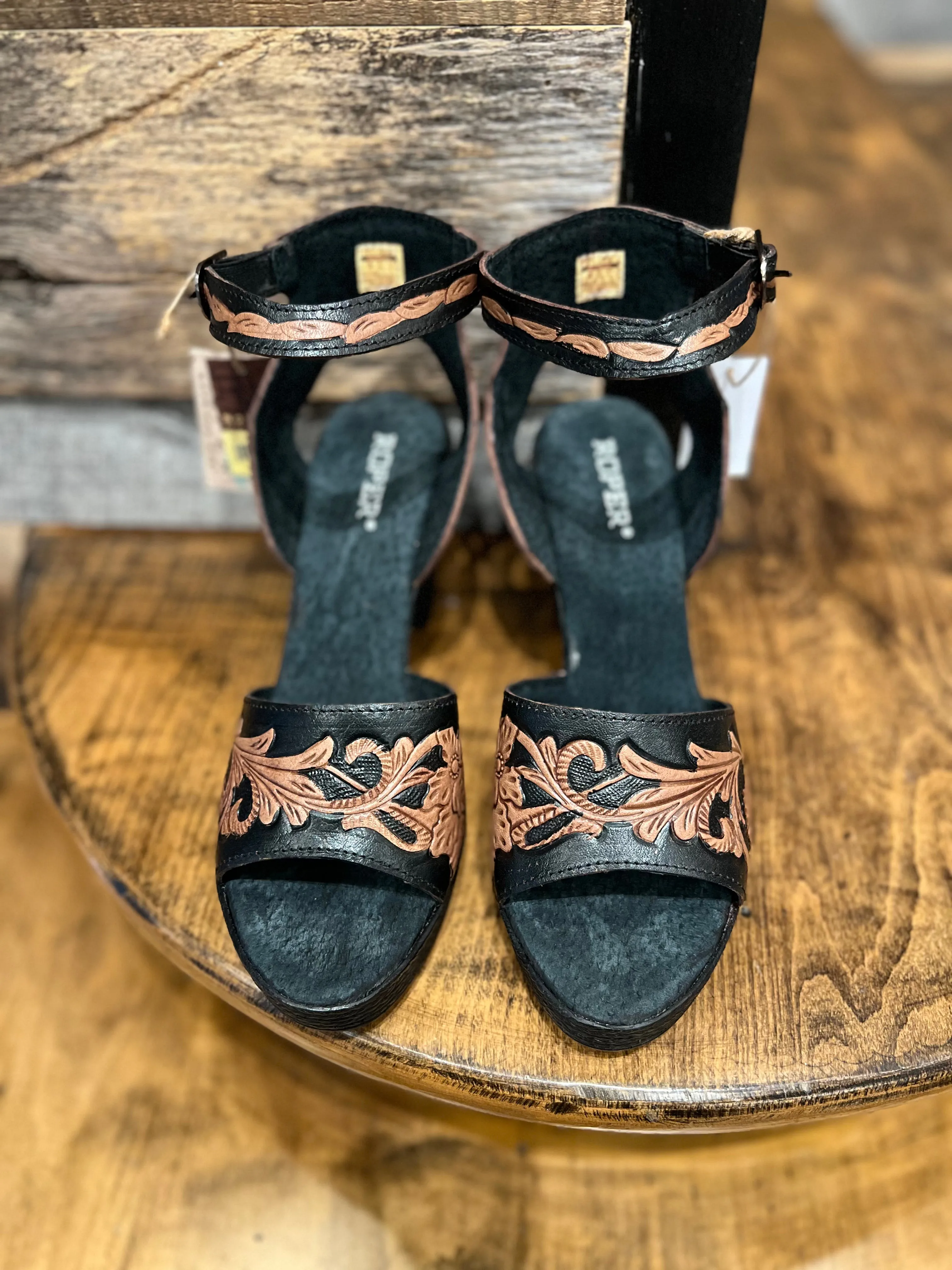 Roper Black & Brown Tooled Heel