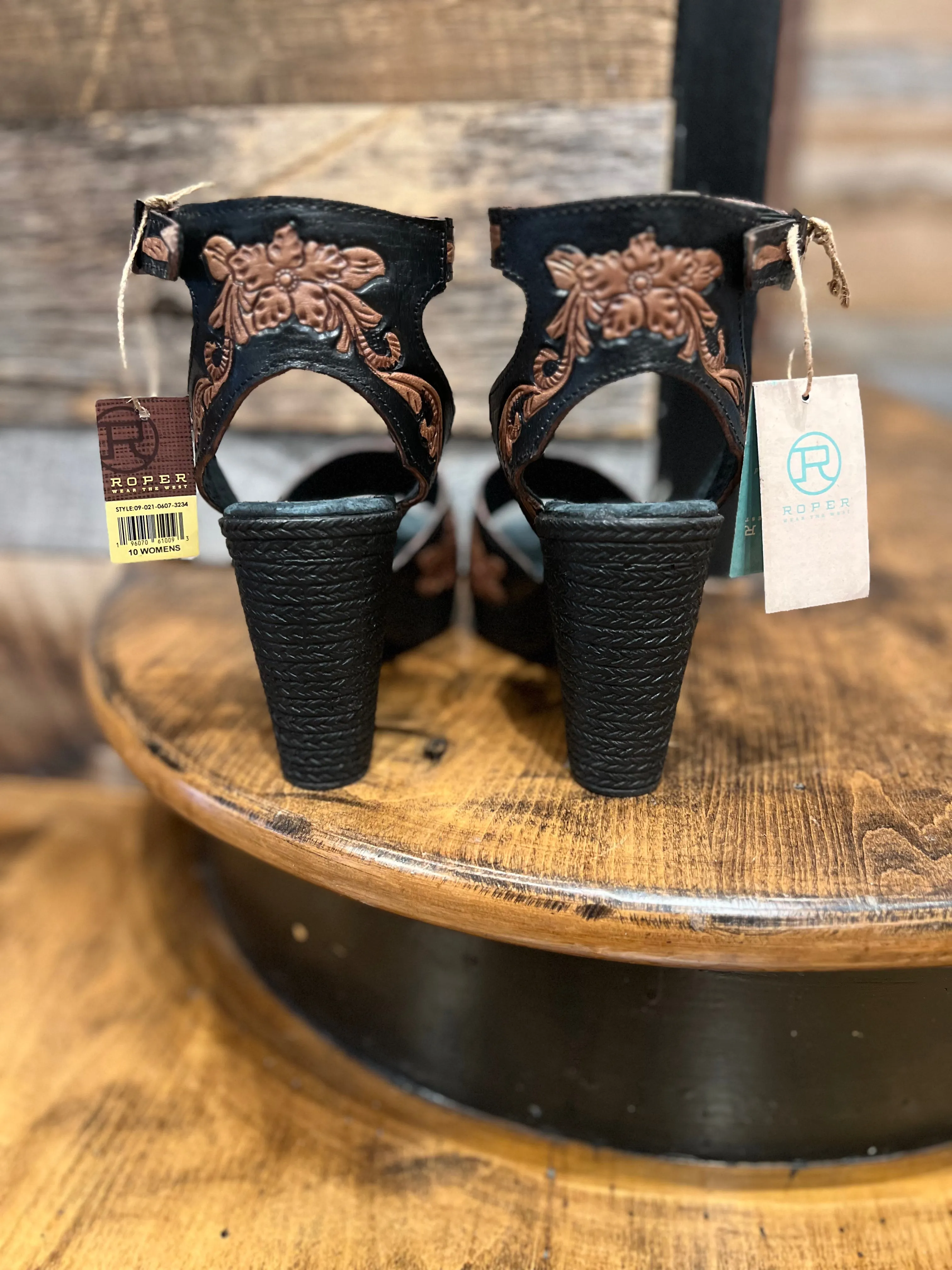 Roper Black & Brown Tooled Heel