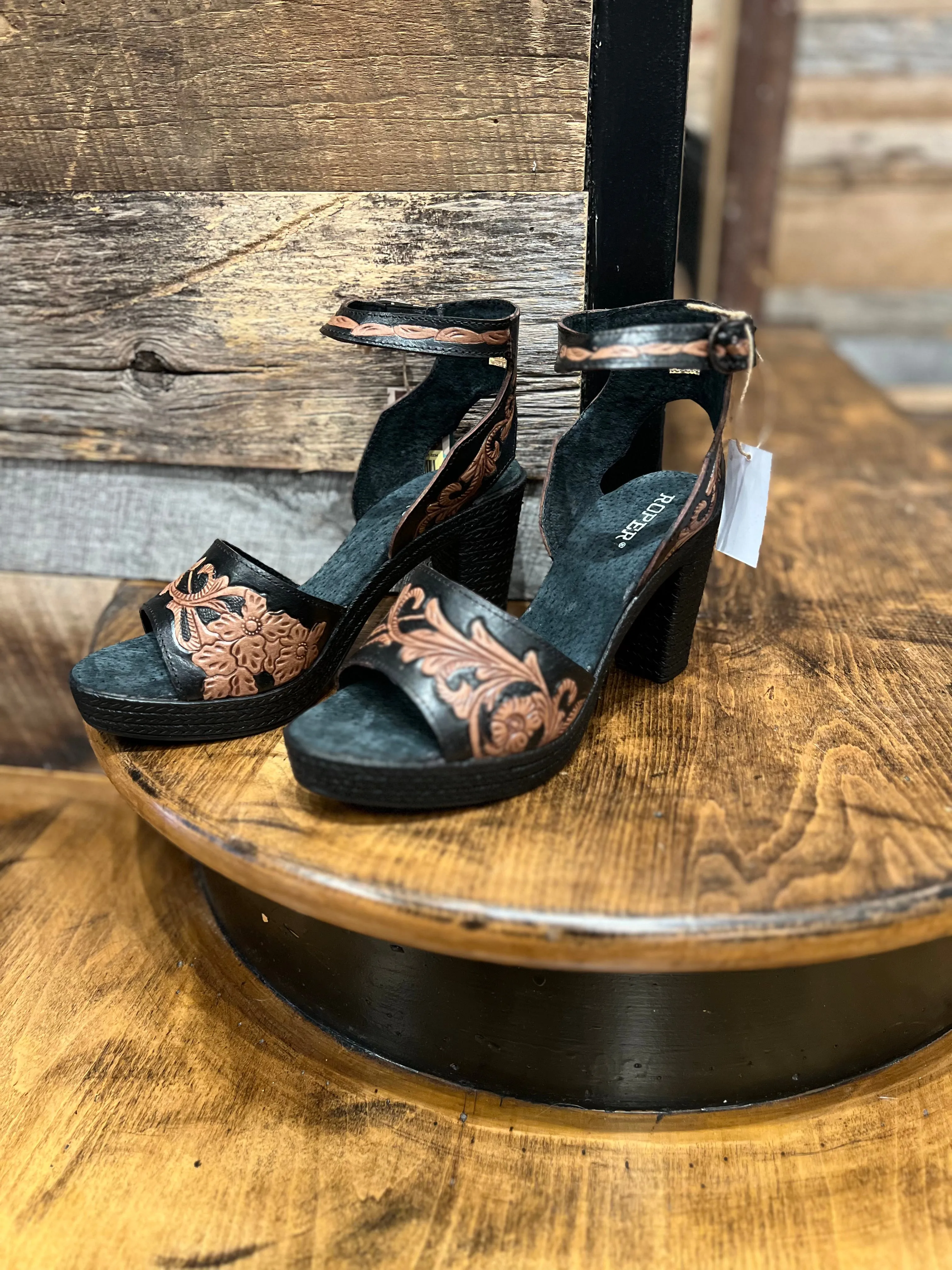 Roper Black & Brown Tooled Heel