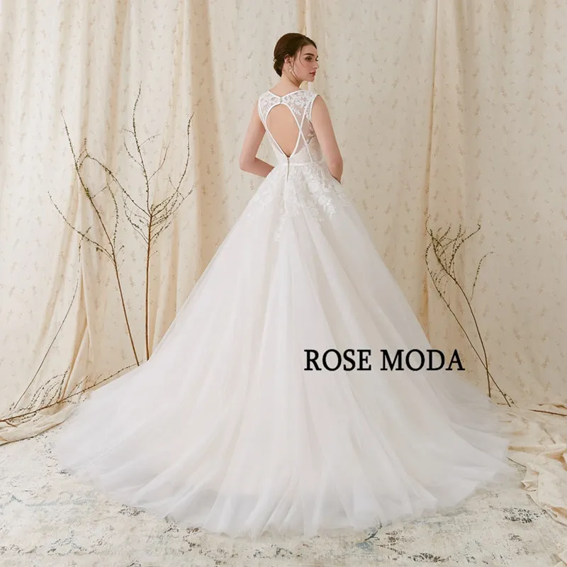 Rosemoda Plunging V-neckline With Cross Key hole Back A Line Wedding Dress