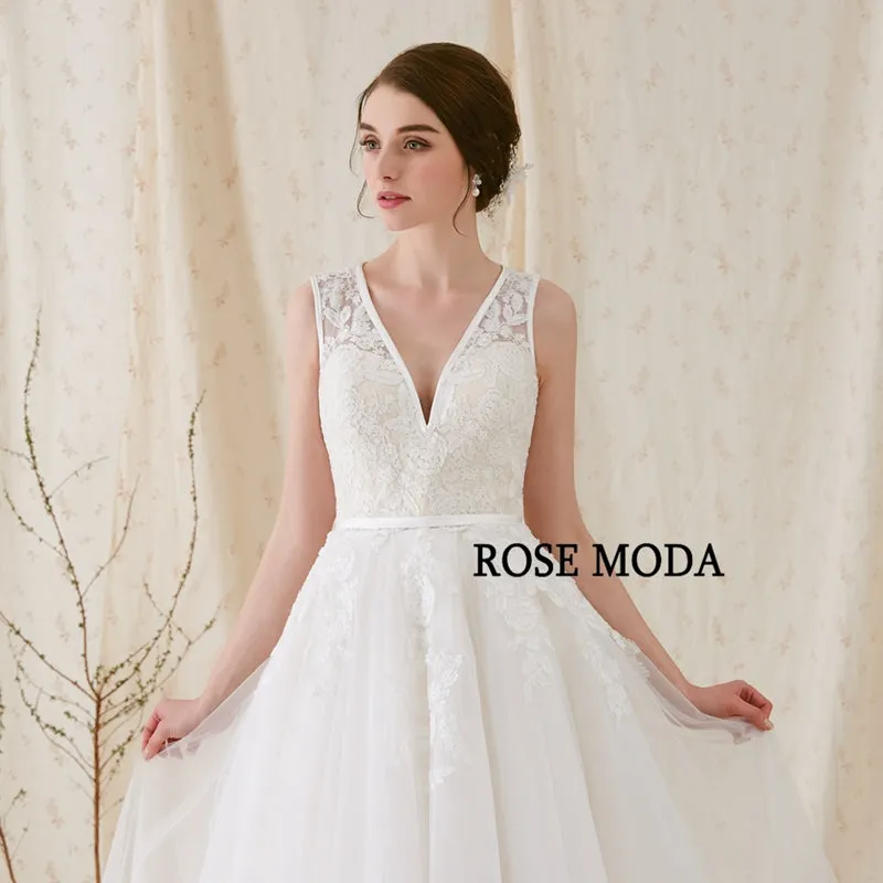 Rosemoda Plunging V-neckline With Cross Key hole Back A Line Wedding Dress