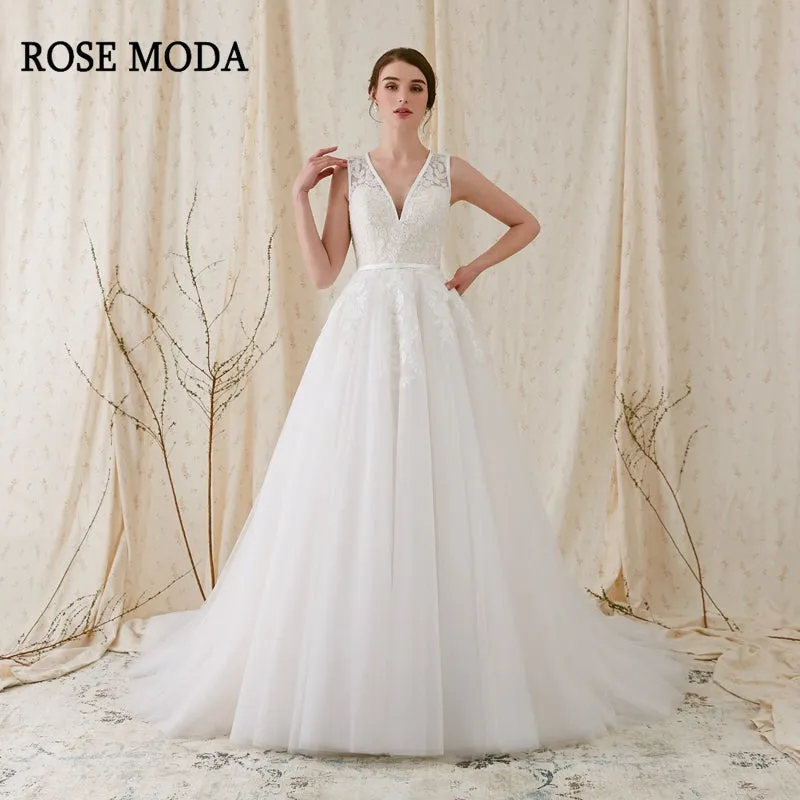 Rosemoda Plunging V-neckline With Cross Key hole Back A Line Wedding Dress