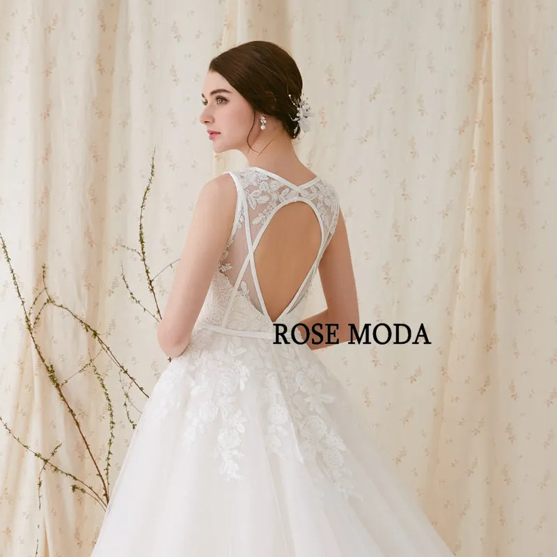 Rosemoda Plunging V-neckline With Cross Key hole Back A Line Wedding Dress