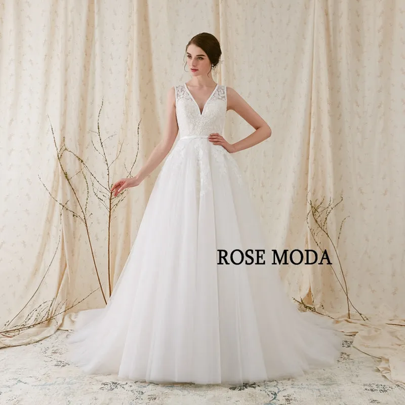 Rosemoda Plunging V-neckline With Cross Key hole Back A Line Wedding Dress