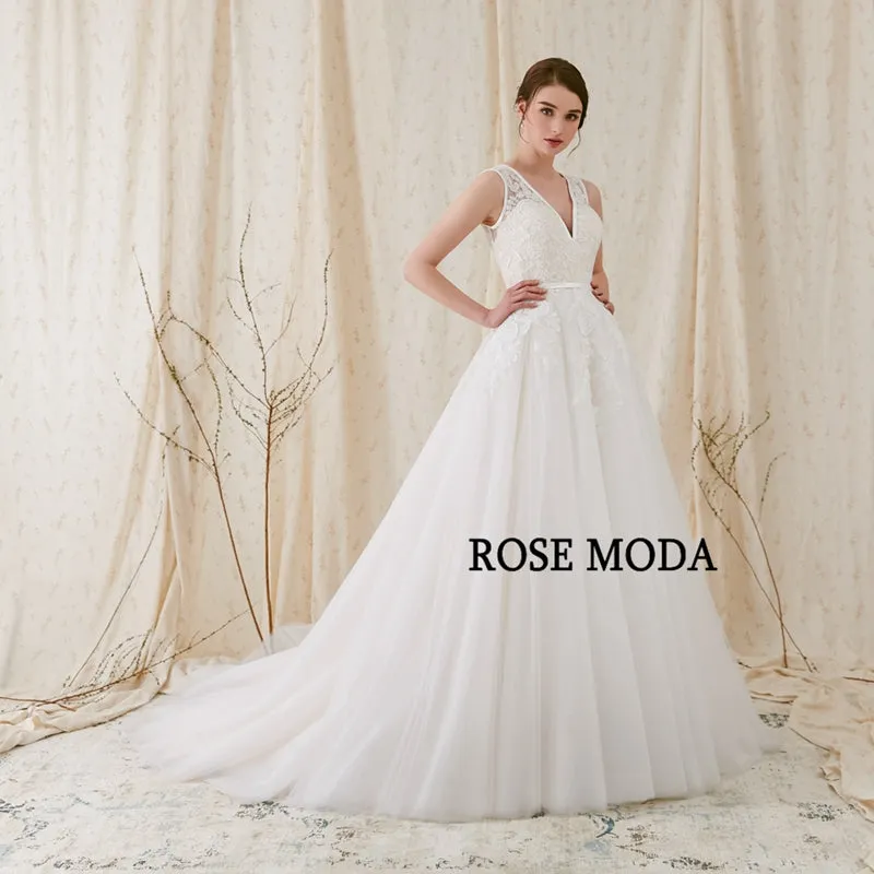 Rosemoda Plunging V-neckline With Cross Key hole Back A Line Wedding Dress