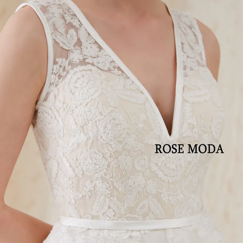 Rosemoda Plunging V-neckline With Cross Key hole Back A Line Wedding Dress