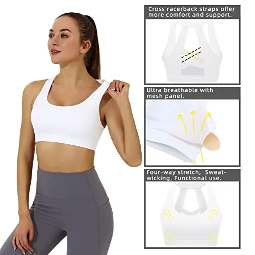 RUNNING GIRL Racerback Sports Bra for Women, Workout Bra with Removable Pad Medium Support Crisscross Yoga Gym Top (WX2801 White S)