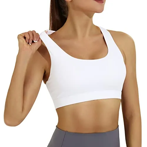 RUNNING GIRL Racerback Sports Bra for Women, Workout Bra with Removable Pad Medium Support Crisscross Yoga Gym Top (WX2801 White S)