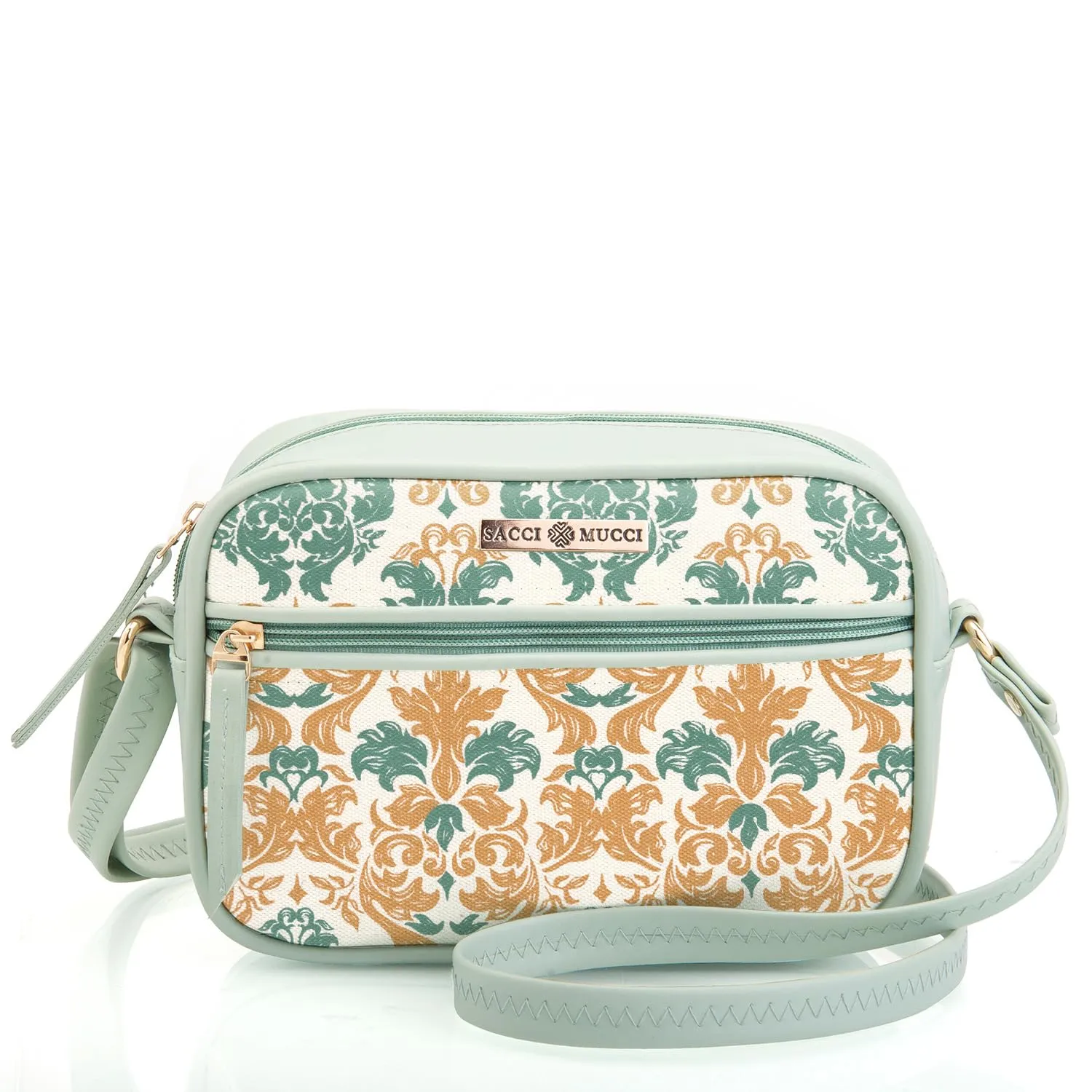 Saaci Mucci Handmade Vegan Leather Women's Sling Cross-Body Bags With Adjustable Shoulder Strap - Damask (Mint Green)