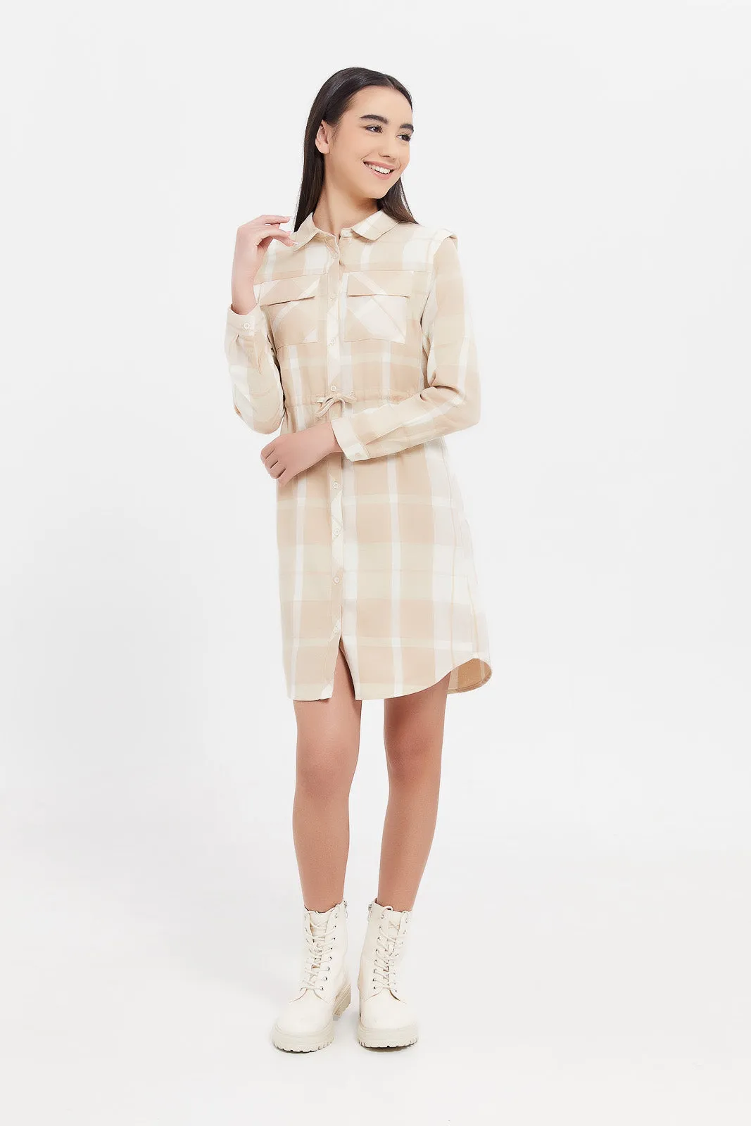 Senior Girls Beige And White Checkered Shirt Dress