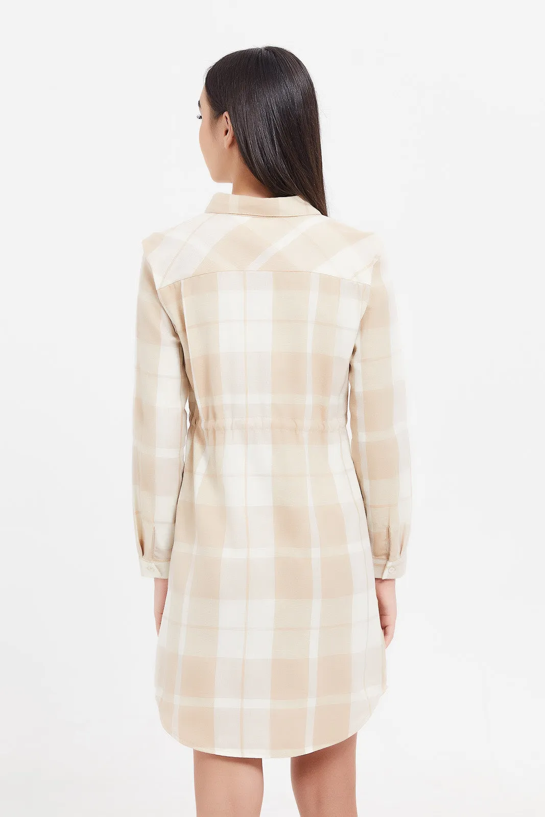 Senior Girls Beige And White Checkered Shirt Dress