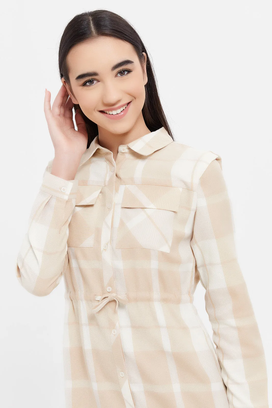 Senior Girls Beige And White Checkered Shirt Dress