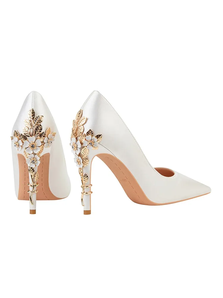 Silk Fashion Stiletto High Heels Elegant Wedding Metal Flowers Pump Shoes