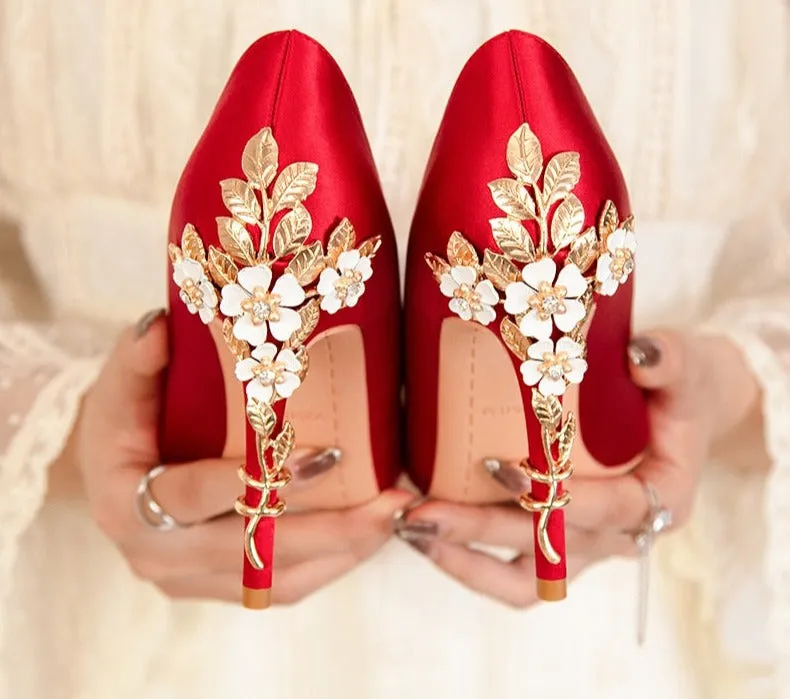 Silk Fashion Stiletto High Heels Elegant Wedding Metal Flowers Pump Shoes