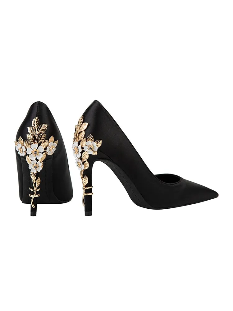 Silk Fashion Stiletto High Heels Elegant Wedding Metal Flowers Pump Shoes