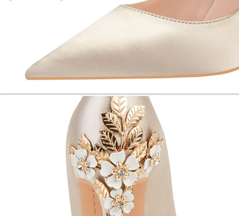 Silk Fashion Stiletto High Heels Elegant Wedding Metal Flowers Pump Shoes