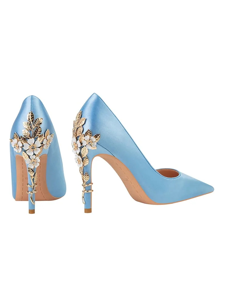 Silk Fashion Stiletto High Heels Elegant Wedding Metal Flowers Pump Shoes