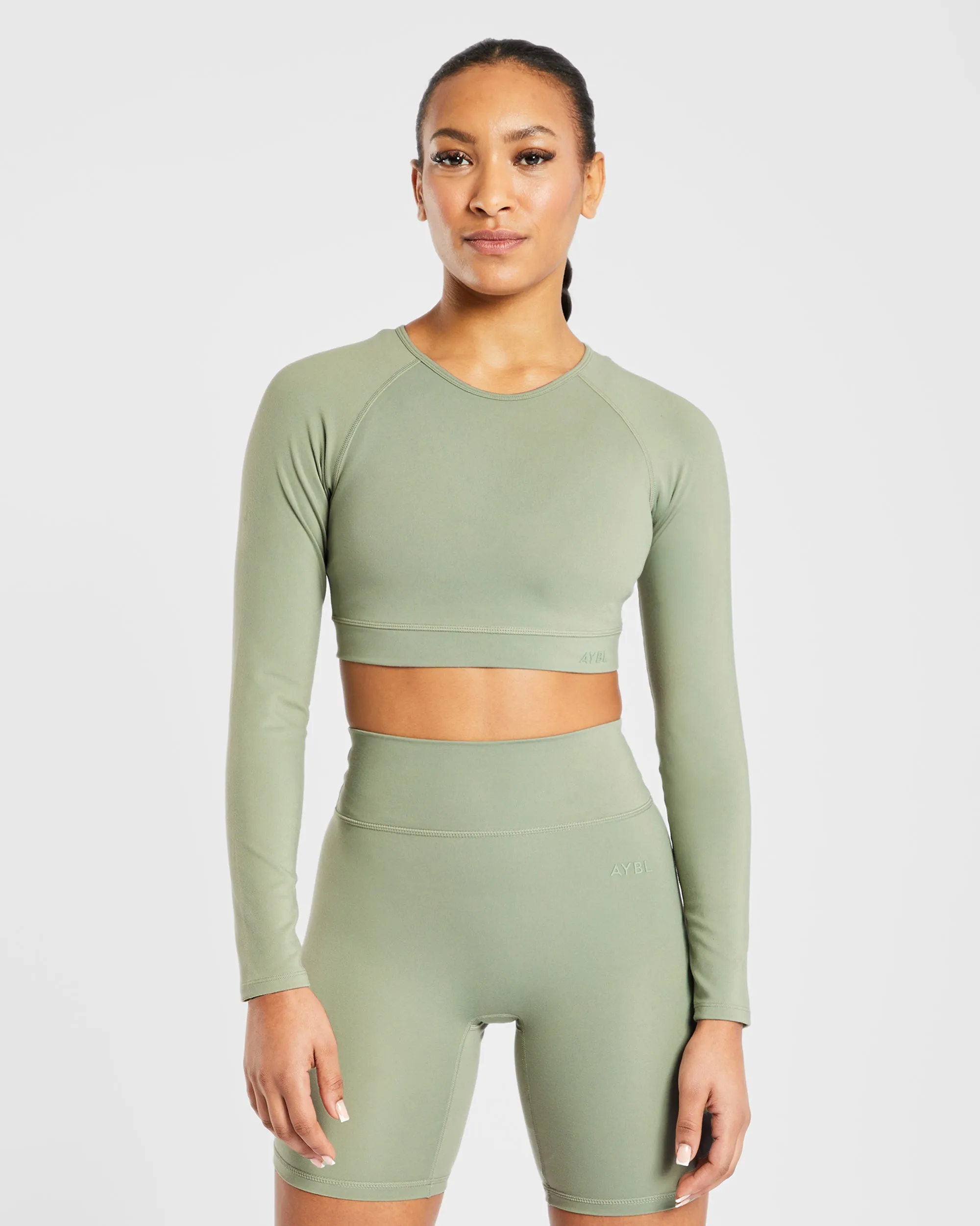 Staple Long Sleeve Crop Top - Olive Green