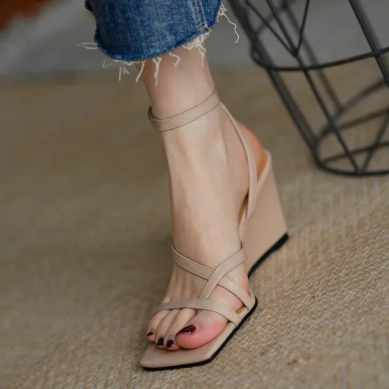 TAVIMART  -  Elegant Narrow Band Shoes Summer Sandals Women’s Pumps French Style Shoes Woman Simple Design Ladies Shoes On Wedge Heel