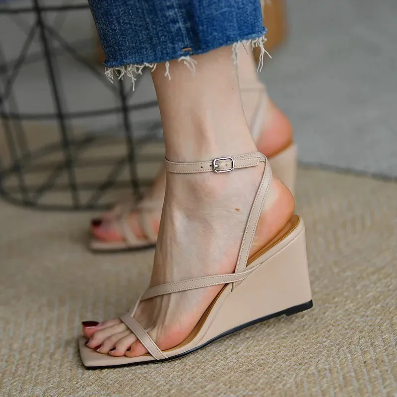 TAVIMART  -  Elegant Narrow Band Shoes Summer Sandals Women’s Pumps French Style Shoes Woman Simple Design Ladies Shoes On Wedge Heel