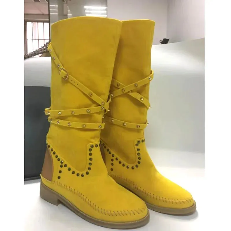 TAVIMART  -  Factory Ladies Rivets Studded Belt Fasten Flat Knee Boots Yellow white Suede Round Toe Woman Autumn Roman Botas Shoes